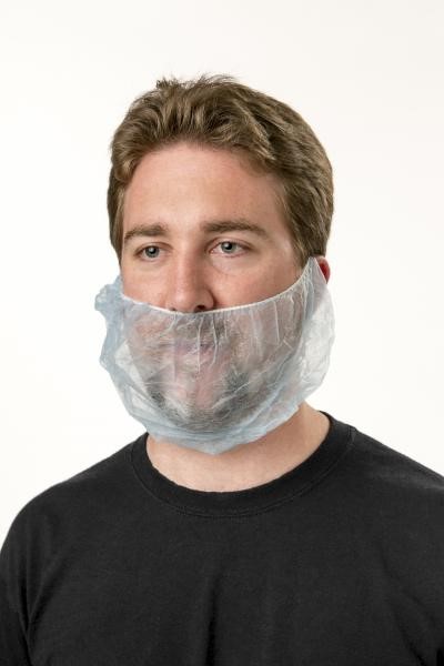 A man with a beard and a plastic bag on his face.