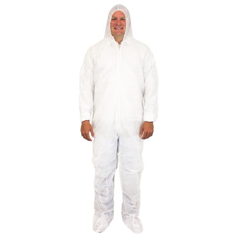 A man in white coveralls and a hood.