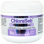 A container of chloraseb wipes for dogs, cats and horses.