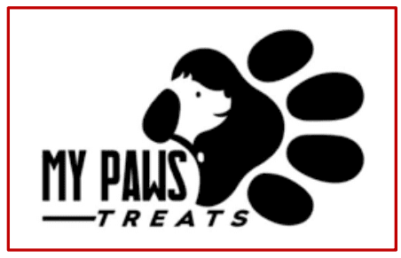 Logo of Happy Paws Treats featuring a dog's head and paw design.
